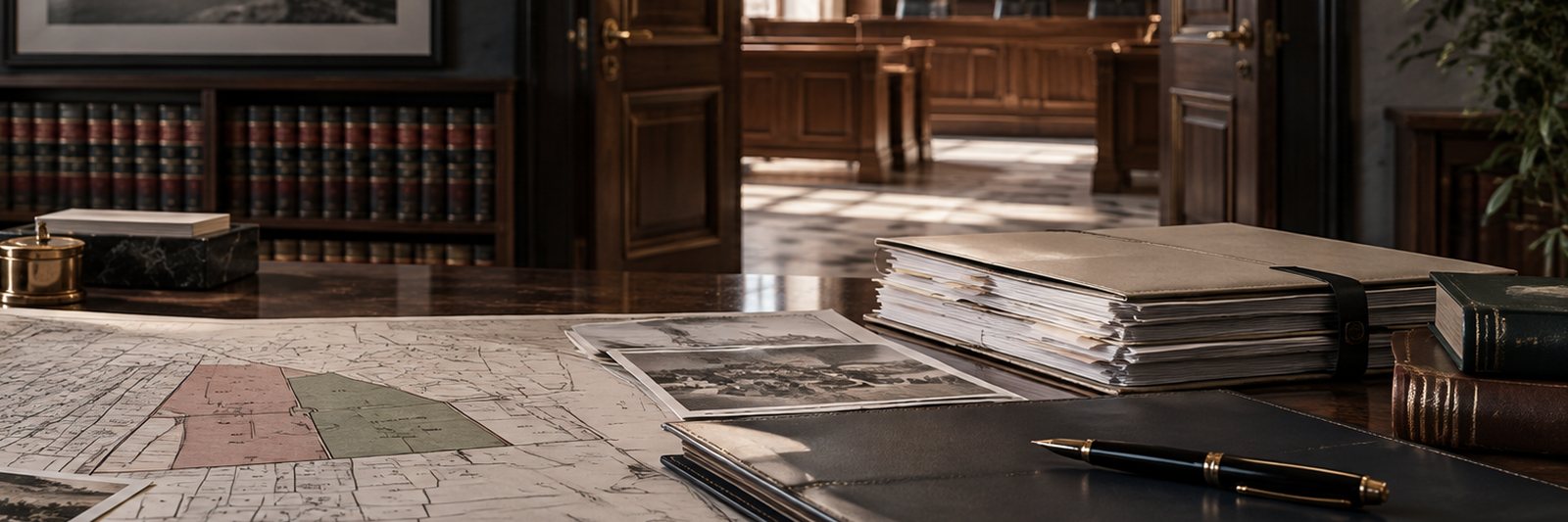 Salle d'audience entrevue par une porte ouverte, dossiers et stylo sur un bureau d'avocat