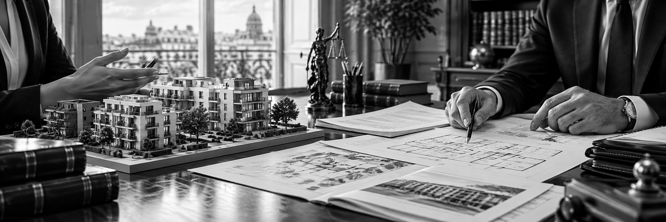 Maquette d'un ensemble résidentiel, plans d'immeuble et échange entre une cliente et son avocat