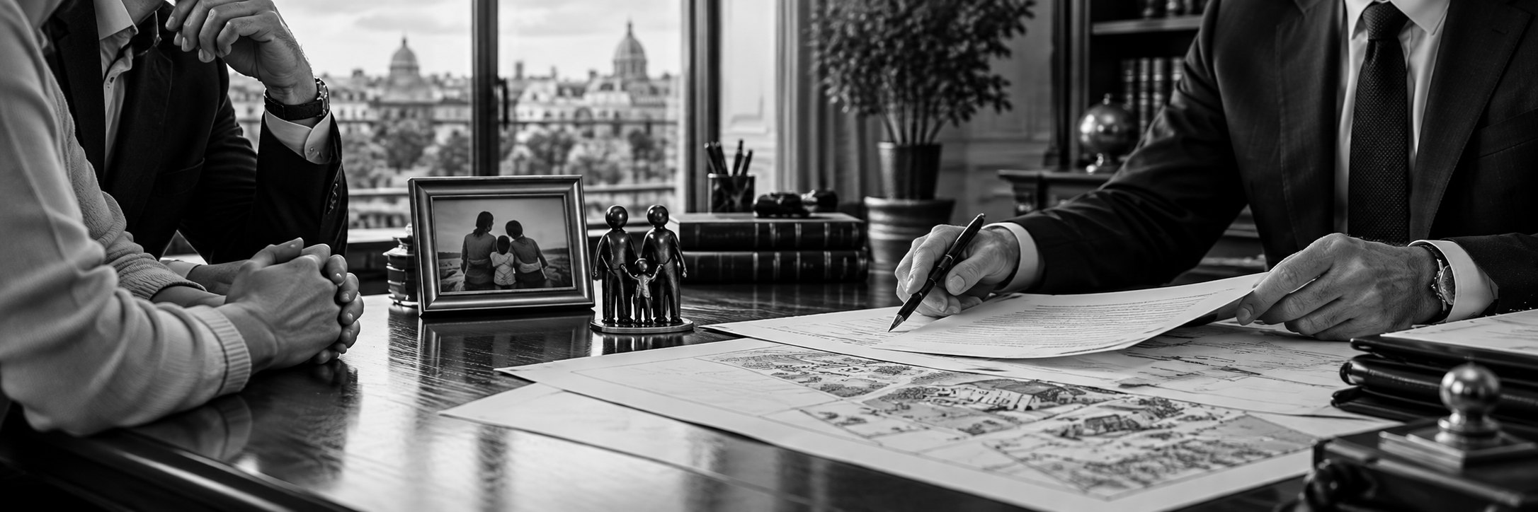 Deux clients face à leur avocat, cadre photo de famille et figurines posés sur le bureau