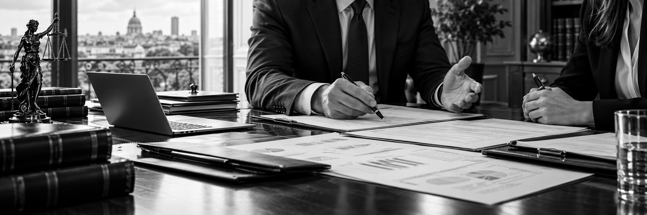 Avocat et cliente examinant des documents financiers autour d'un bureau, ordinateur portable et statue de la Justice