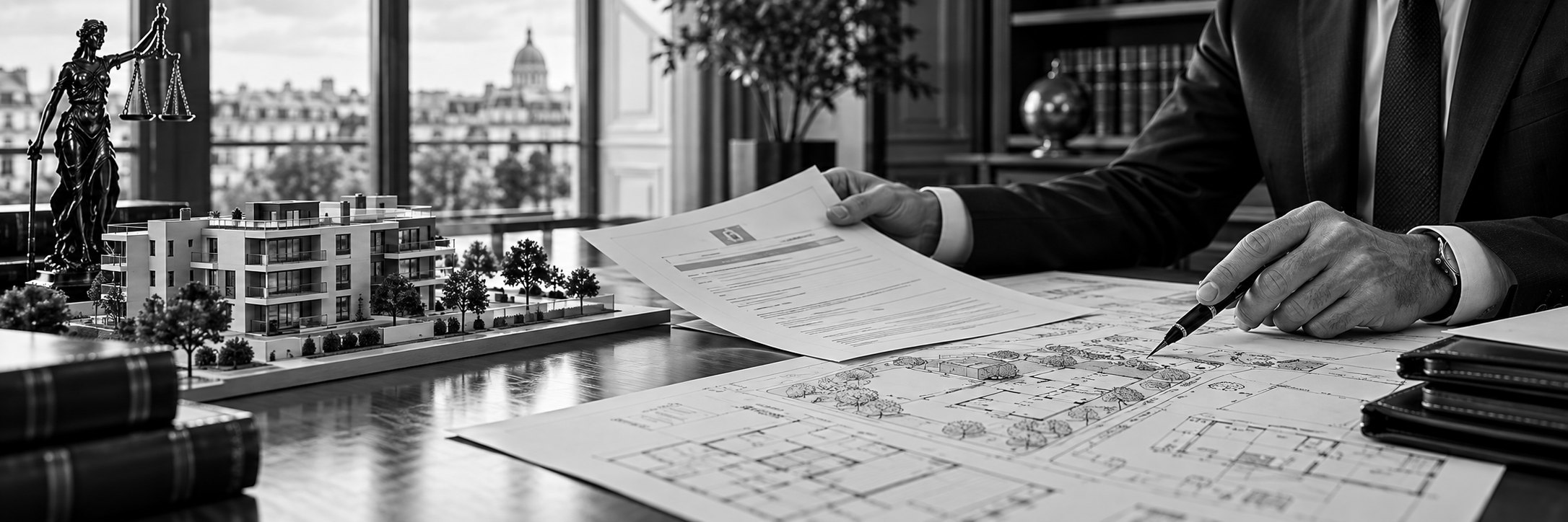 Avocat présentant un formulaire de demande et des plans d'architecte, maquette d'immeuble sur le bureau