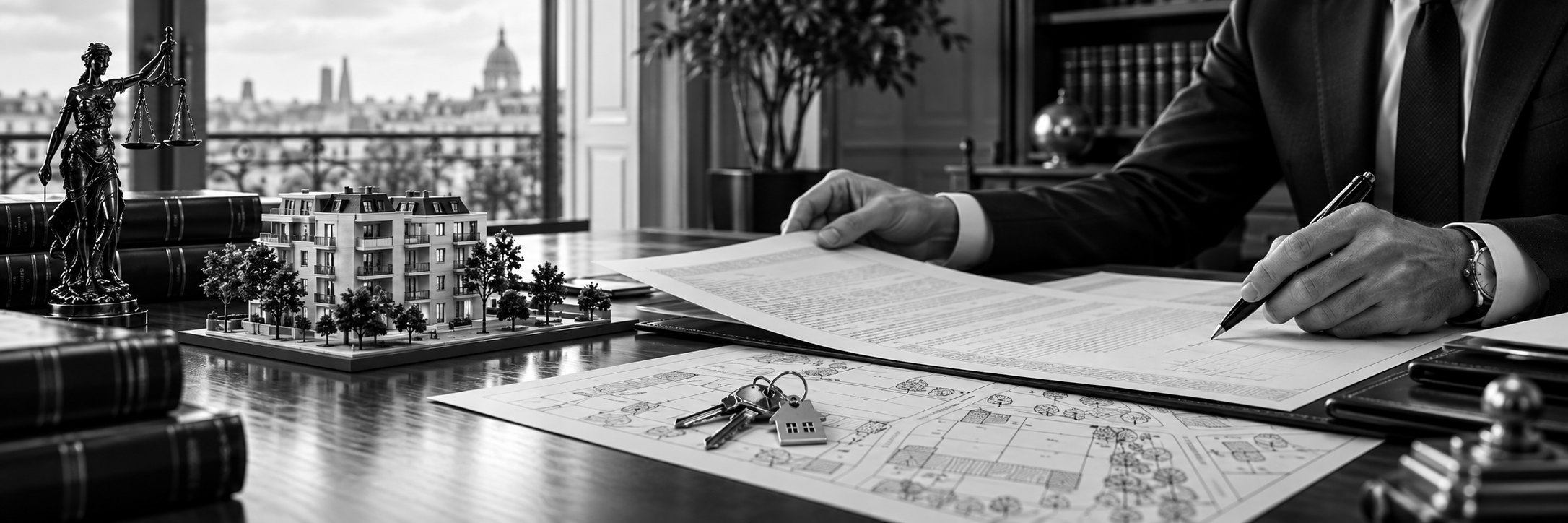 Avocat relisant un contrat de vente, clés à porte-clés en forme de maison posées sur un plan, maquette d'immeuble
